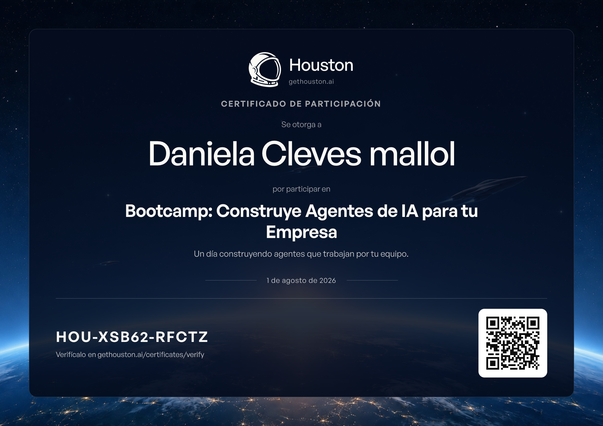 Certificado de participación de Houston de Daniela Cleves mallol, Bootcamp: Construye Agentes de IA para tu Empresa