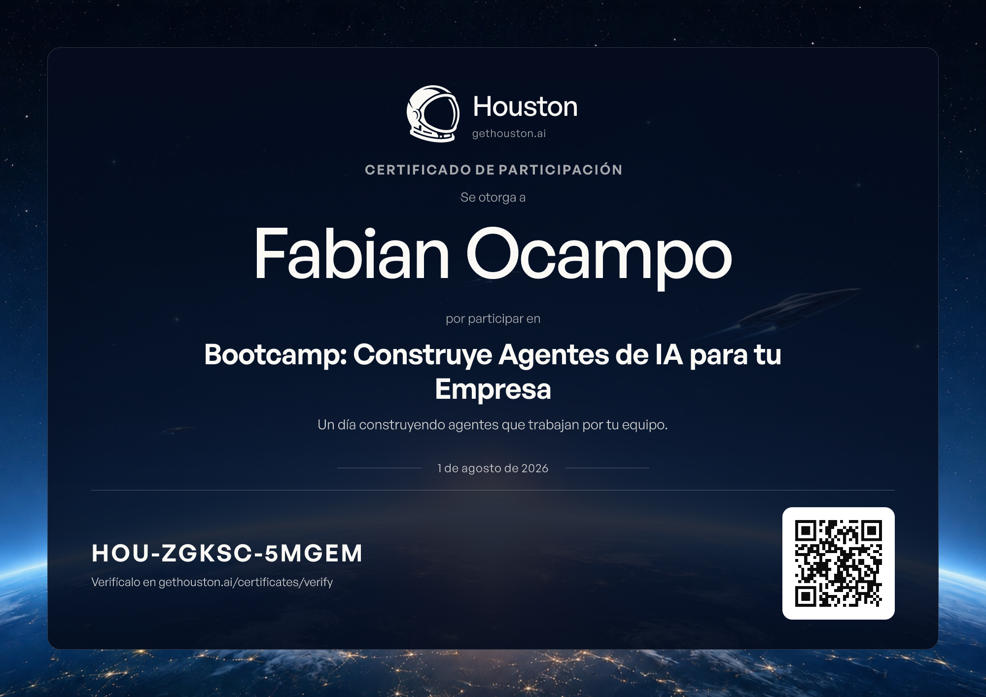 Certificado de participación de Houston de Fabian Ocampo, Bootcamp: Construye Agentes de IA para tu Empresa
