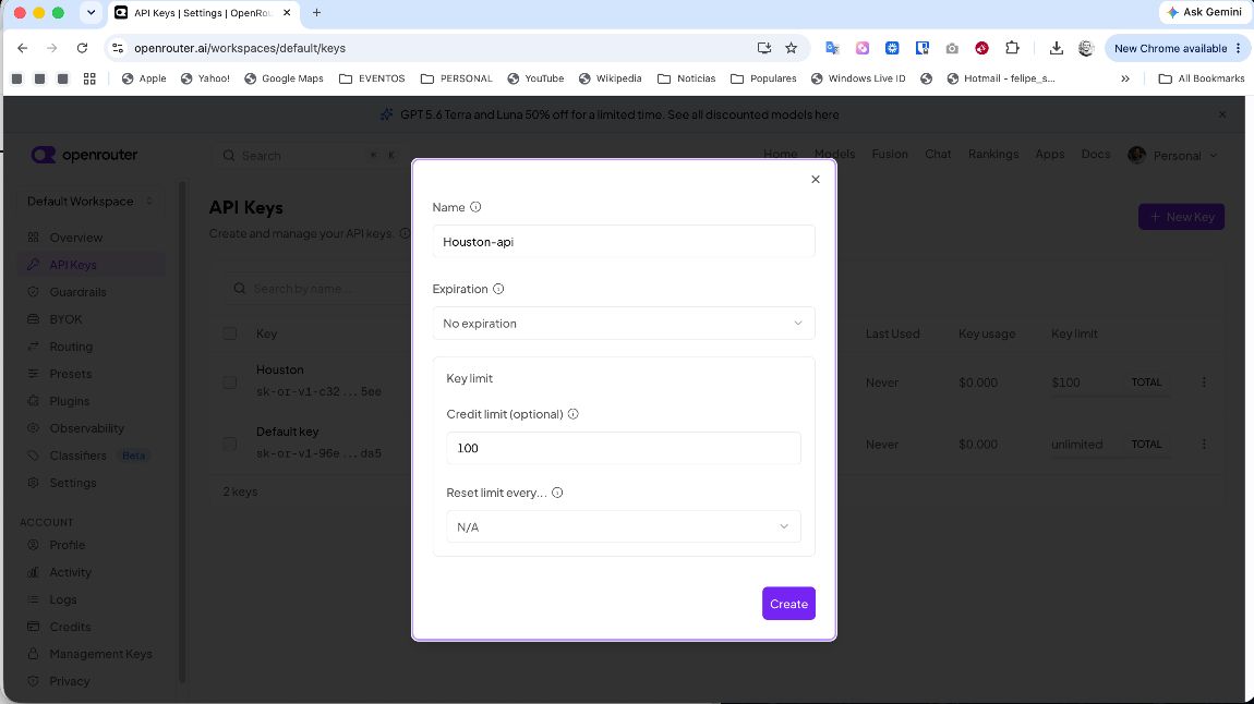 Diálogo para crear una nueva API key en OpenRouter