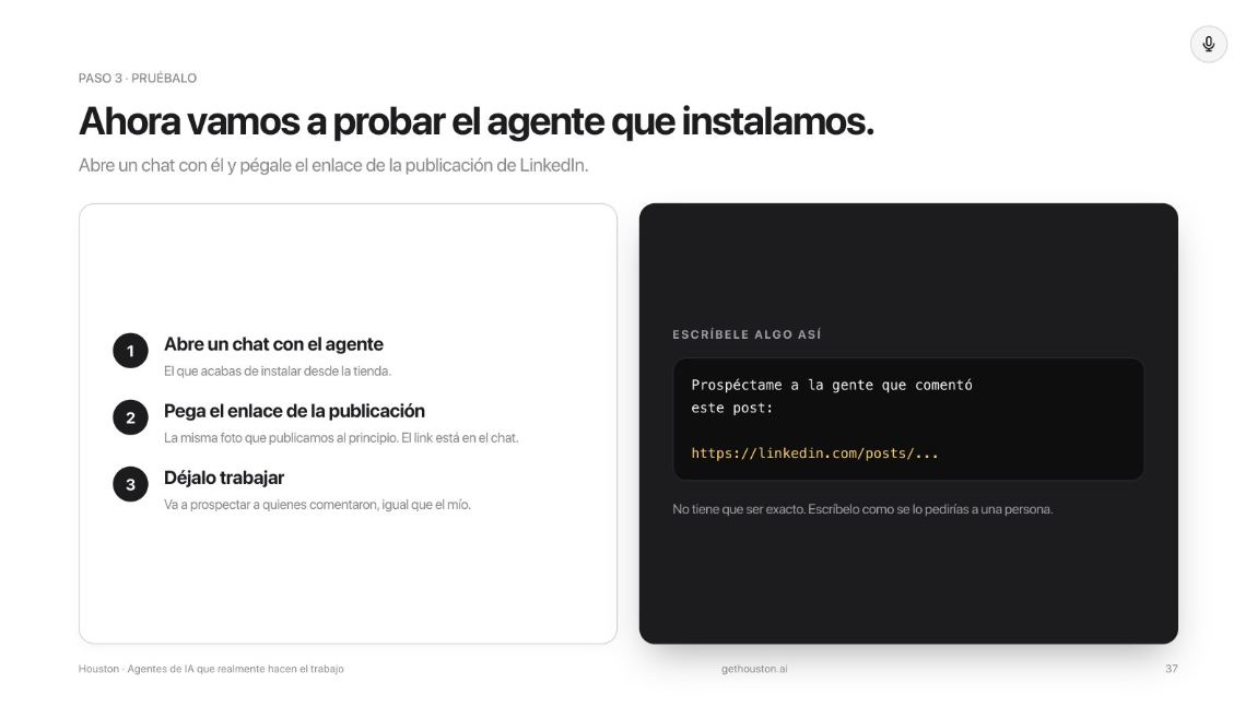 Cómo probar el agente: abre un chat y pégale el enlace de la publicación
