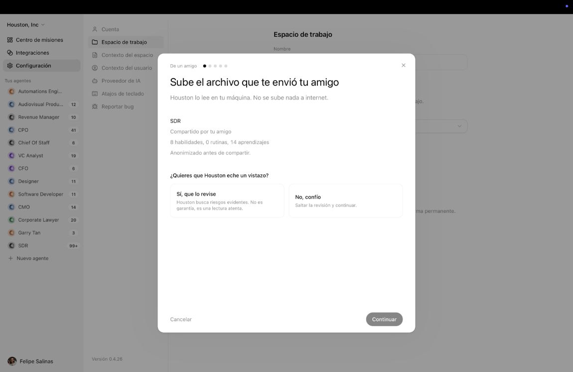 Diálogo de revisión de seguridad al traer un agente de otra persona