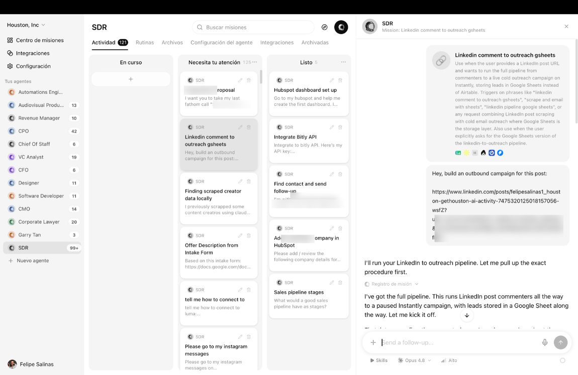 El agente corriendo la misión de comentarios de LinkedIn