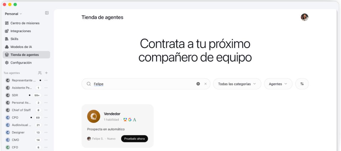 La Tienda de agentes con Felipe escrito en el buscador y el agente Representante ventas