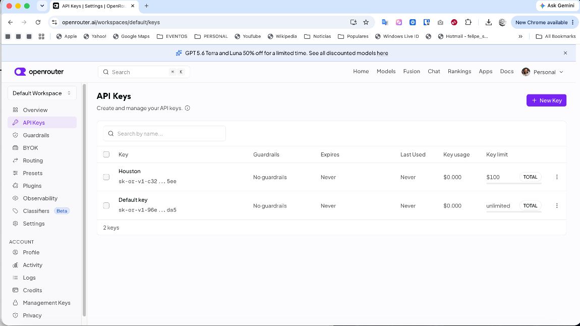 Pantalla de API Keys en openrouter.ai