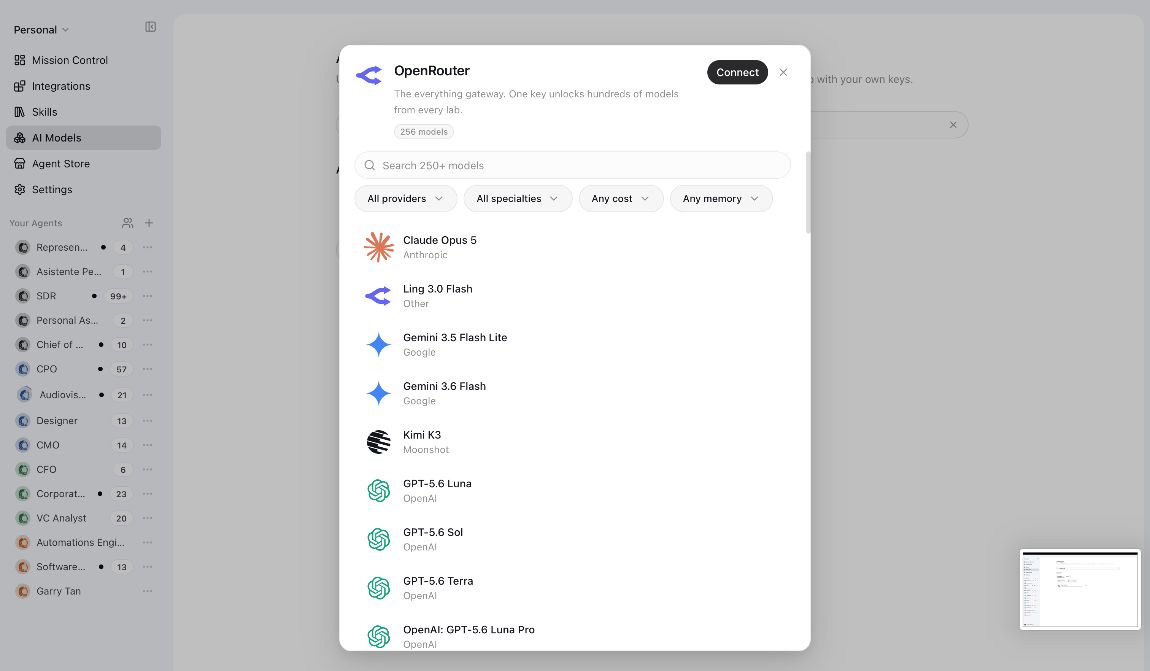 Ficha de OpenRouter en houston con la lista de modelos y el botón Connect