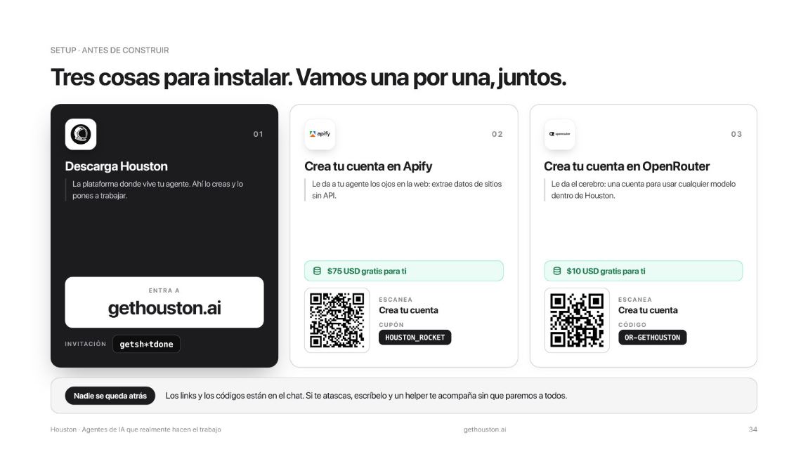 Las tres cuentas del taller: houston, Apify y OpenRouter, con sus códigos