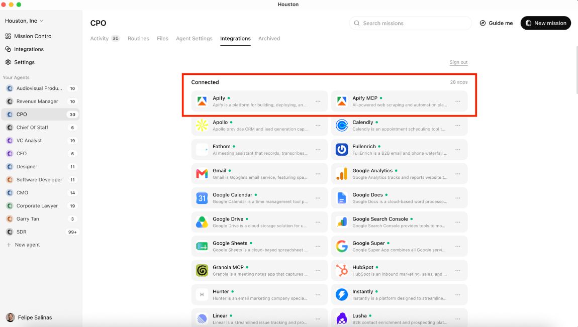 Los dos resultados de Apify en Integraciones, con Apify MCP marcado