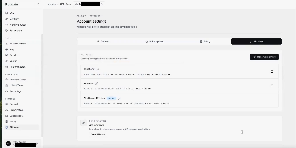 Anakin.io, Account settings, pestaña API Keys con el botón Generate new key